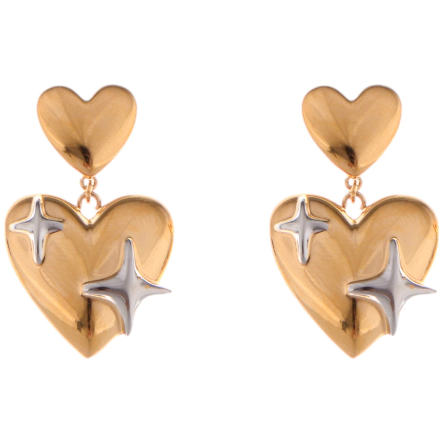 Gold Tone Heart Dangle Earrings with Silver Star Accents