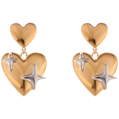 Gold Tone Heart Dangle Earrings with Silver Star Accents