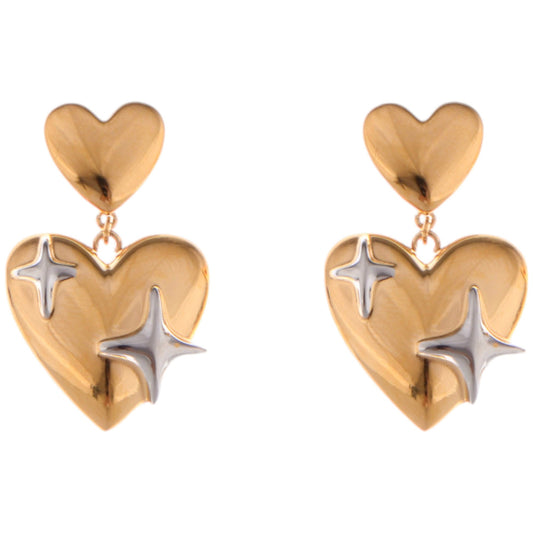 Gold Tone Heart Dangle Earrings with Silver Star Accents