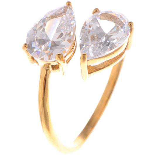 Gold Tone Double Teardrop Cubic Zirconia Open Ring