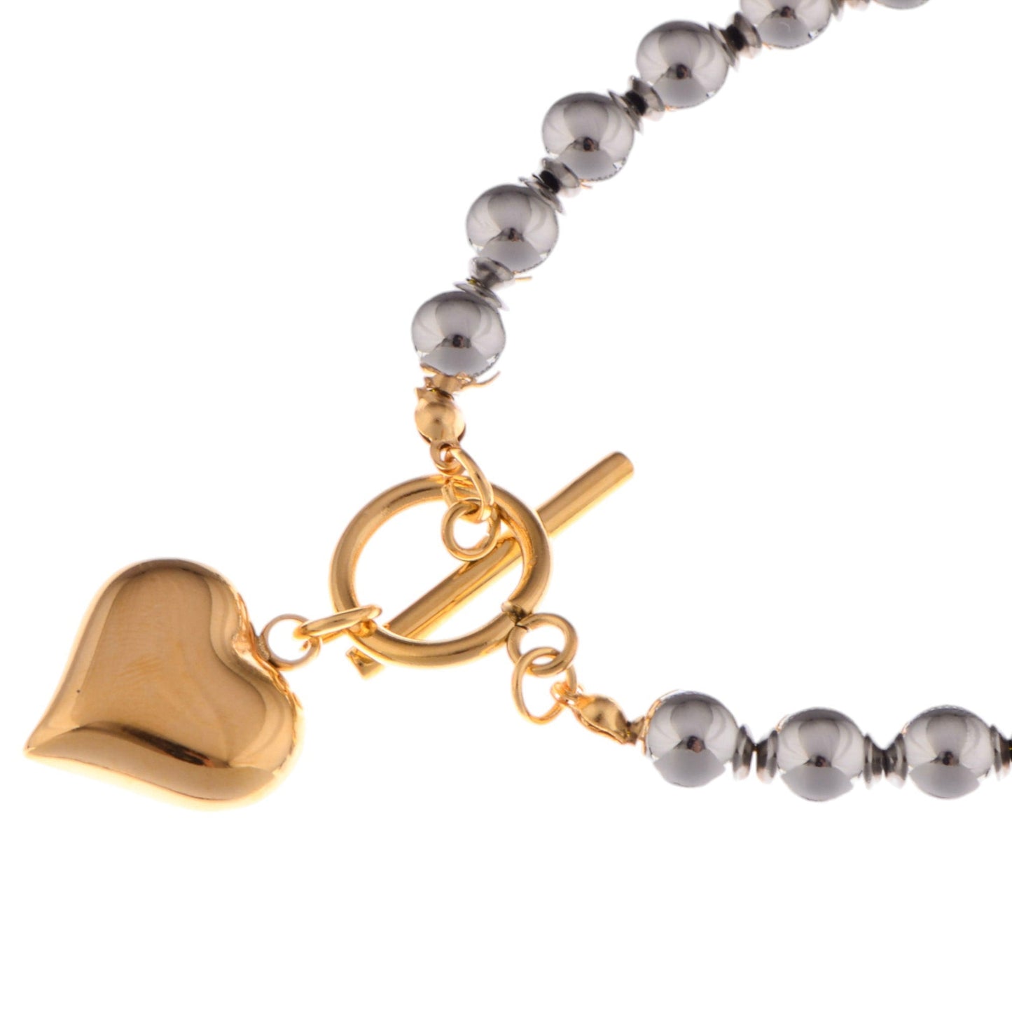 Silver Beaded Bracelet with Gold Heart Charm and Toggle Clasp