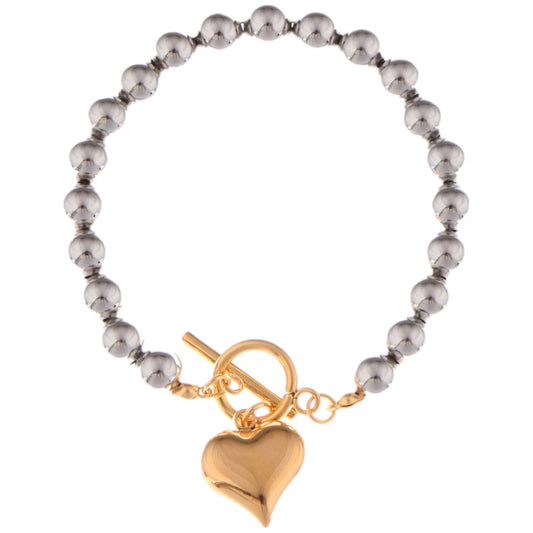 Silver Beaded Bracelet with Gold Heart Charm and Toggle Clasp