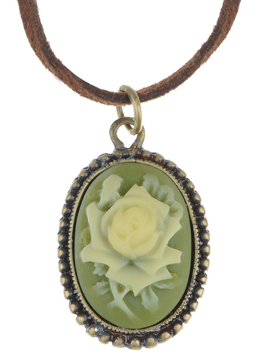 Antique Vintage Suede Green Enamel Rose Oval Pendant Necklace