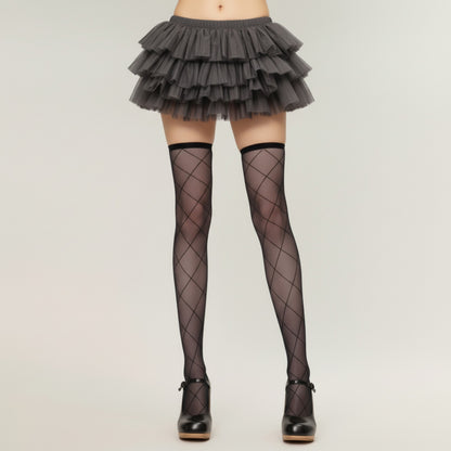 Sheer Diamond Pattern Thigh High Stockings with Soft Stretch Fit