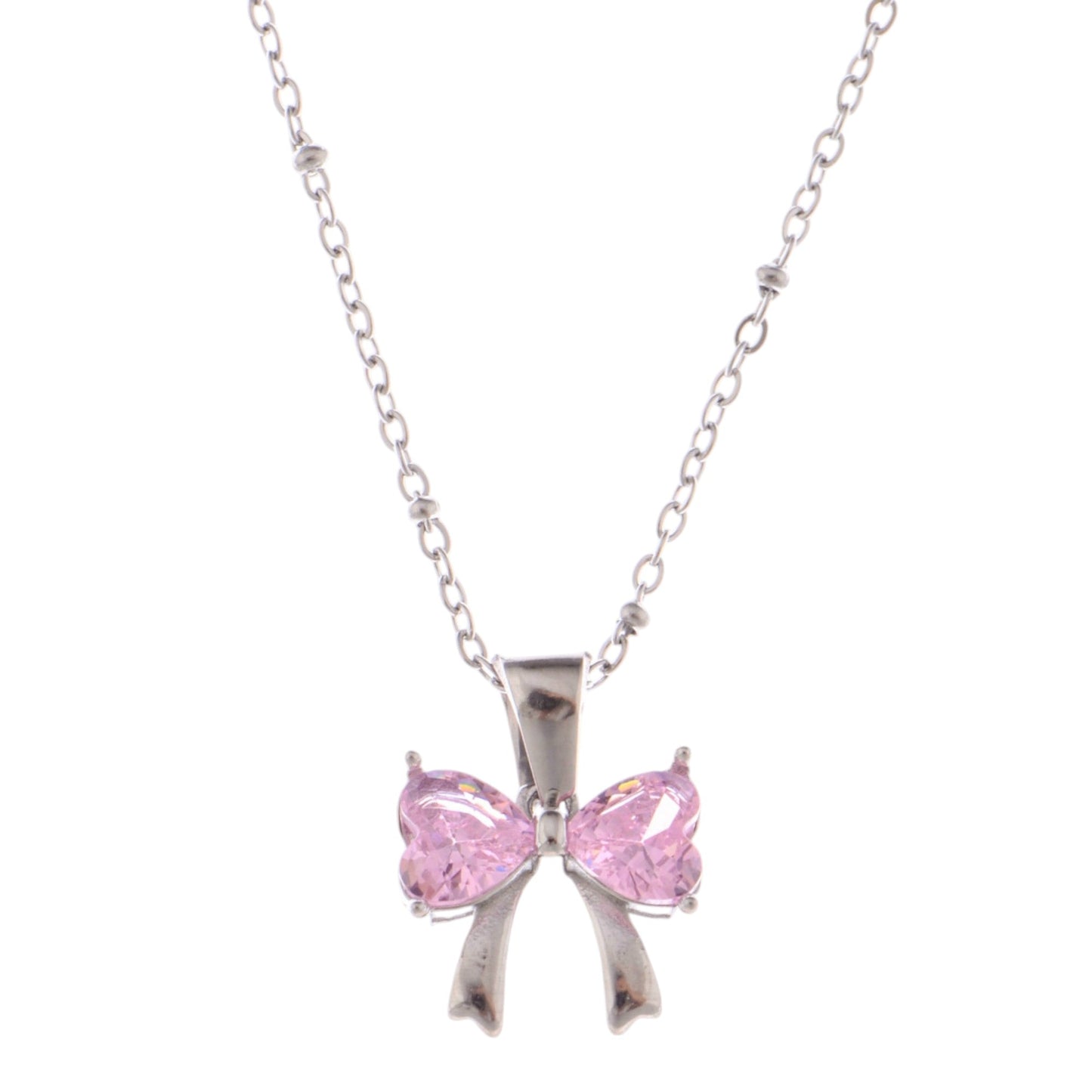 Silver Bow Pendant Necklace with Pink Gemstone Accents