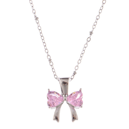 Silver Bow Pendant Necklace with Pink Gemstone Accents