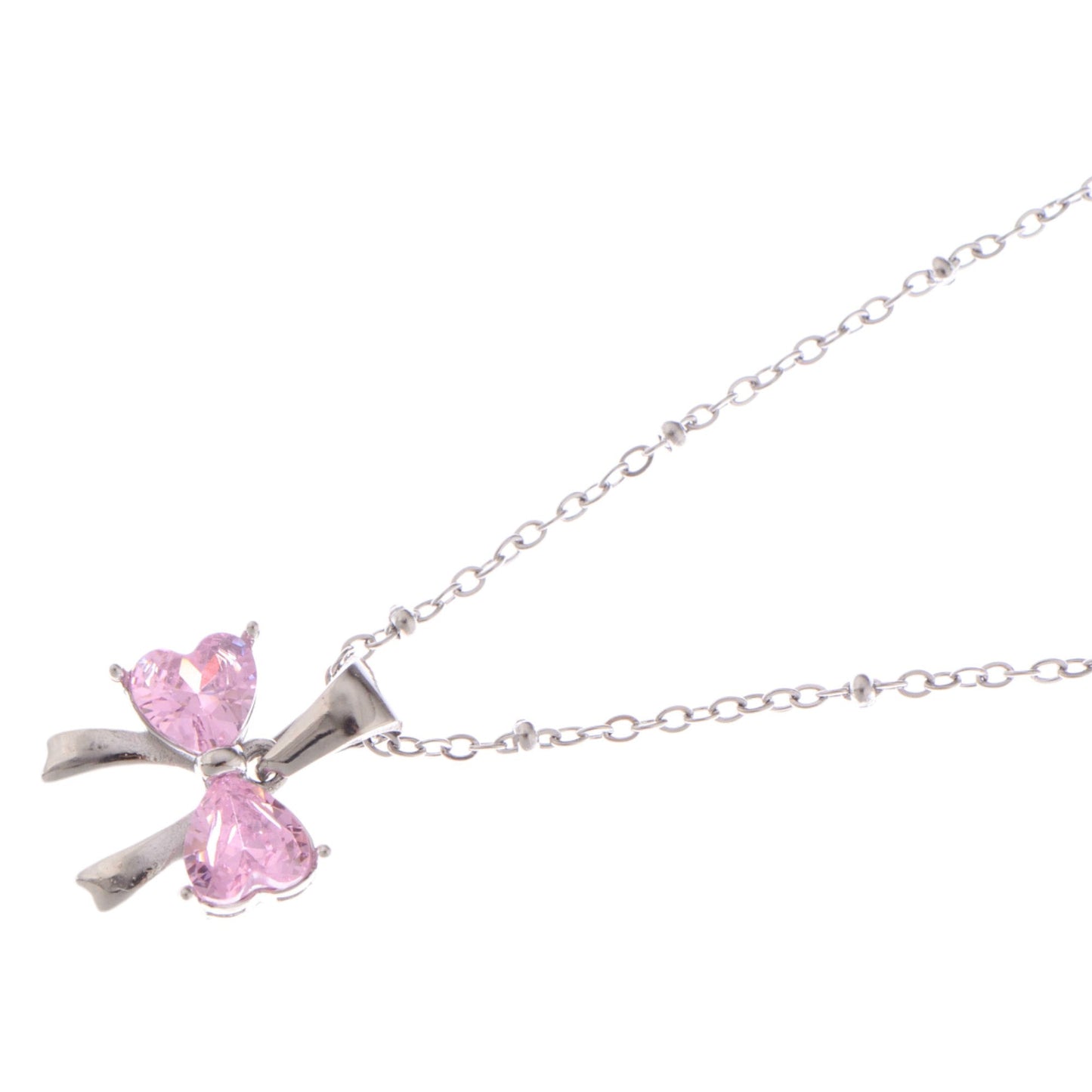 Silver Bow Pendant Necklace with Pink Gemstone Accents