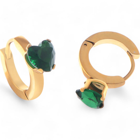 Gold Hoop Earrings with Green Heart Shaped Crystal Stud
