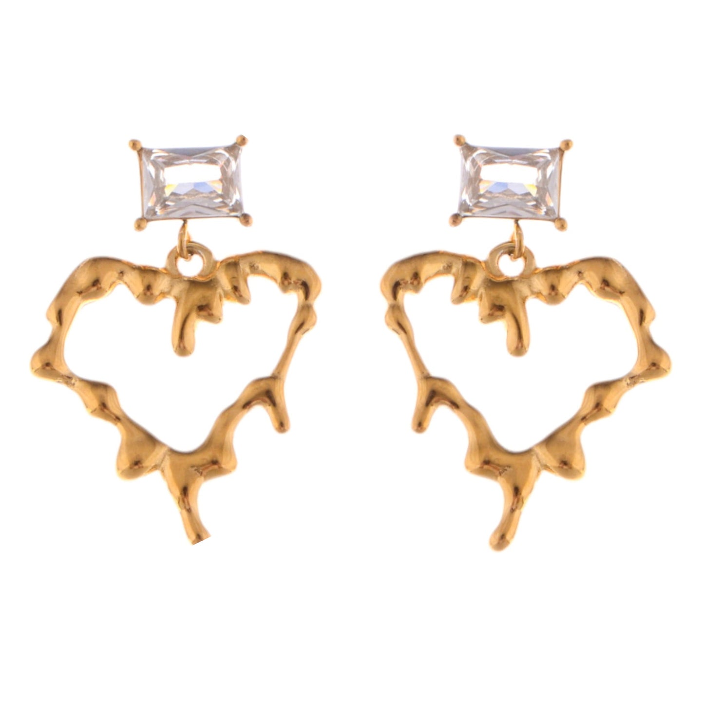 Gold-Plated Heart Drop Earrings with Crystal Stud Accents