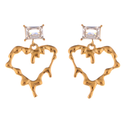 Gold-Plated Heart Drop Earrings with Crystal Stud Accents