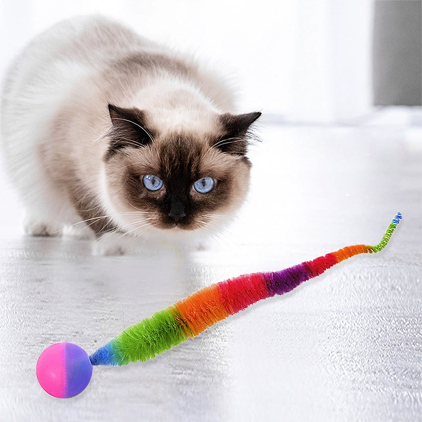 Interactive Bouncy Ball with Tail for Cat Fuzzy Worm Fetch Toy for Bored Indoor Adult Cats and Kitties