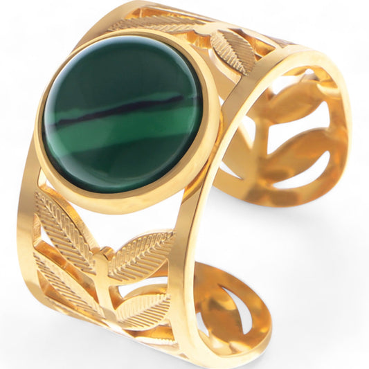 Gold Tone Leaf Cutout Cuff Bracelet with Round Green Stone Statement Design