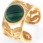 Gold Tone Leaf Cutout Cuff Bracelet with Round Green Stone Statement Design