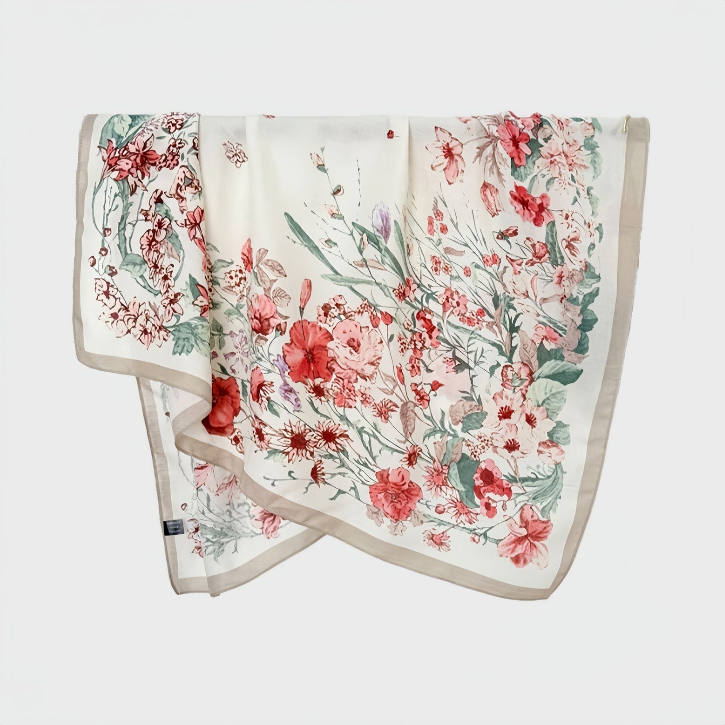 Floral Print Square Scarf with Lightweight Draped Fabric, Soft Smooth Texture, and Elegant Border Detailing 35.5x35.5in