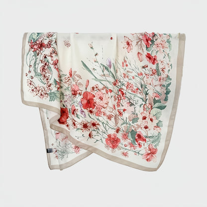 Floral Print Square Scarf with Lightweight Draped Fabric, Soft Smooth Texture, and Elegant Border Detailing 35.5x35.5in