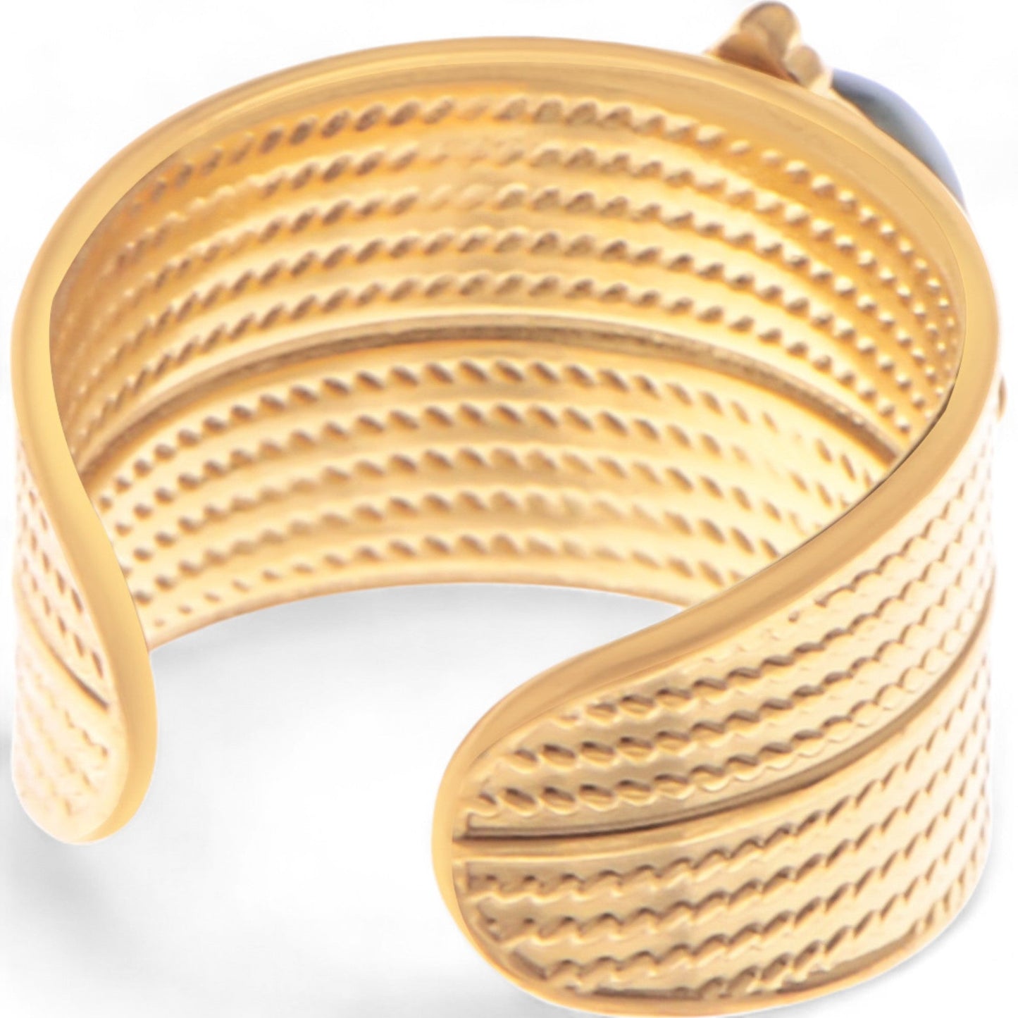 Gold Tone Leaf Cutout Cuff Bracelet with Round Green Stone Statement Design