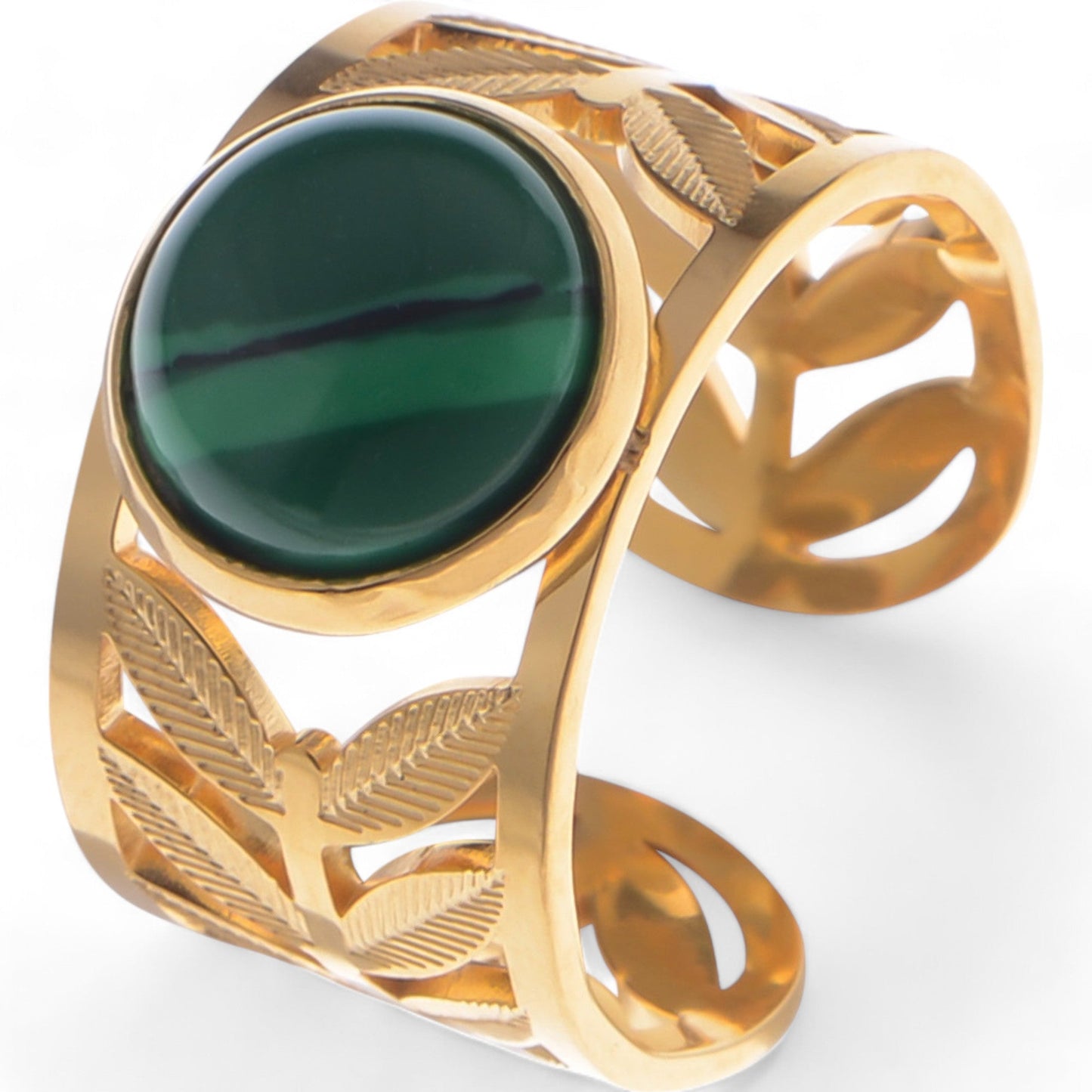 Gold Tone Leaf Cutout Cuff Bracelet with Round Green Stone Statement Design