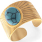 Gold Tone Leaf Cutout Cuff Bracelet with Round Green Stone Statement Design