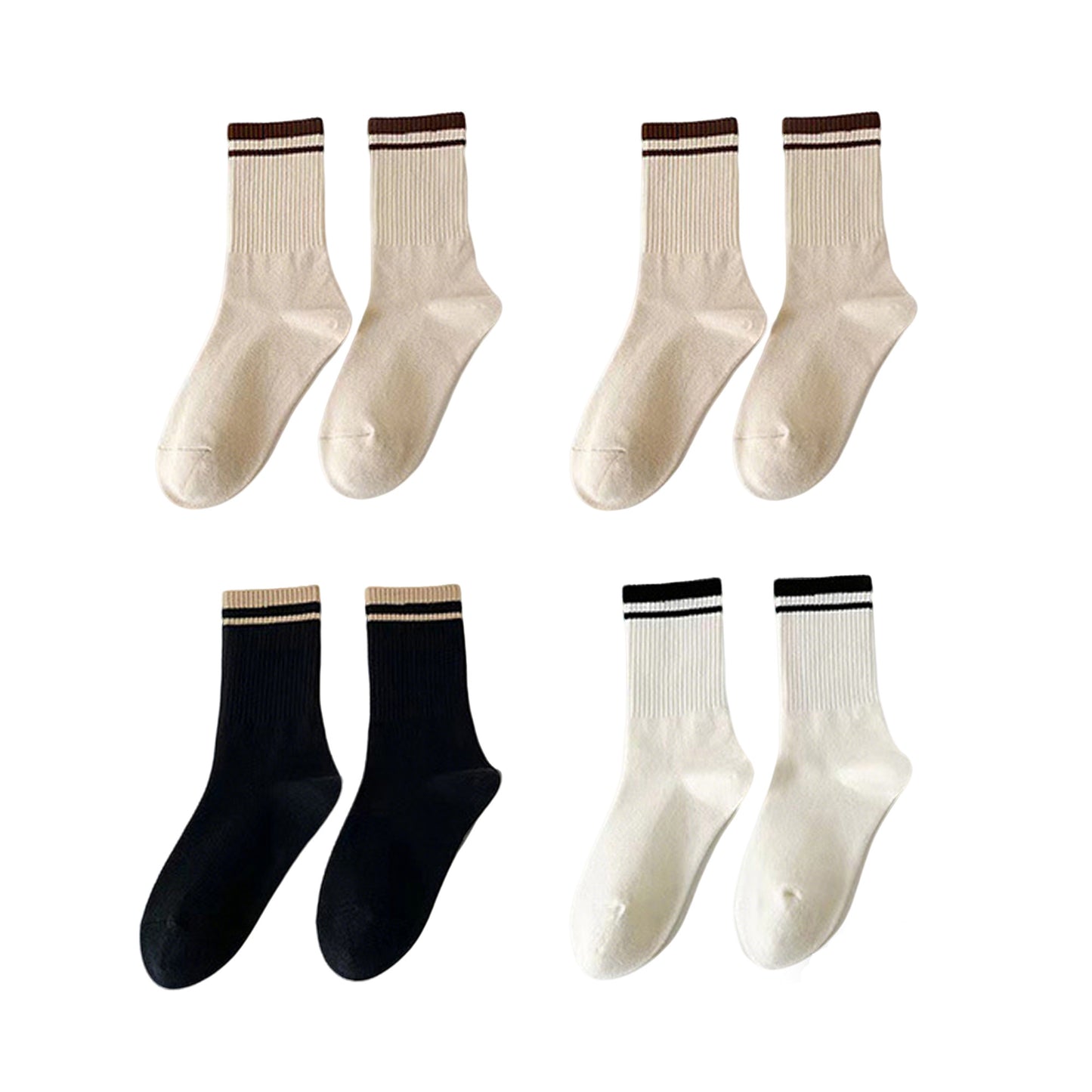 4-Pack Ribbed Crew Socks with Double Stripe Cuff Soft Stretch Fit in Neutral Tones
