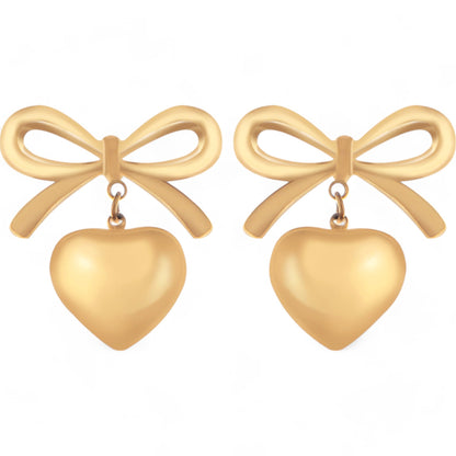 Bow Dangle Heart Drop Earrings Gold Tone Playful Chic Design