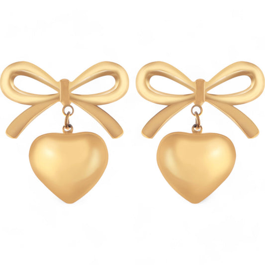 Bow Dangle Heart Drop Earrings Gold Tone Playful Chic Design