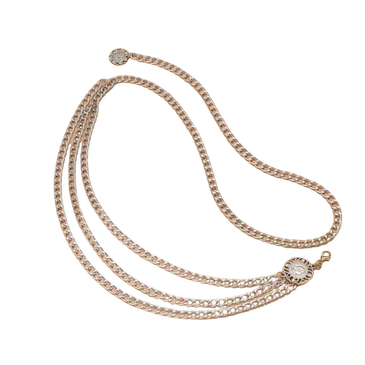 Layered Chain Waist Belt with Triple Draped Links and Decorative Medallion Accents for Stylish Detail 35.5in