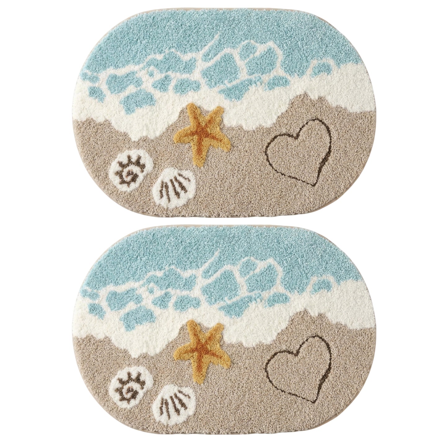 Beach Inspired Tufted Bathroom Bath Mats Set with Seashell Starfish Pattern Soft Plush Texture 2 Piece Set