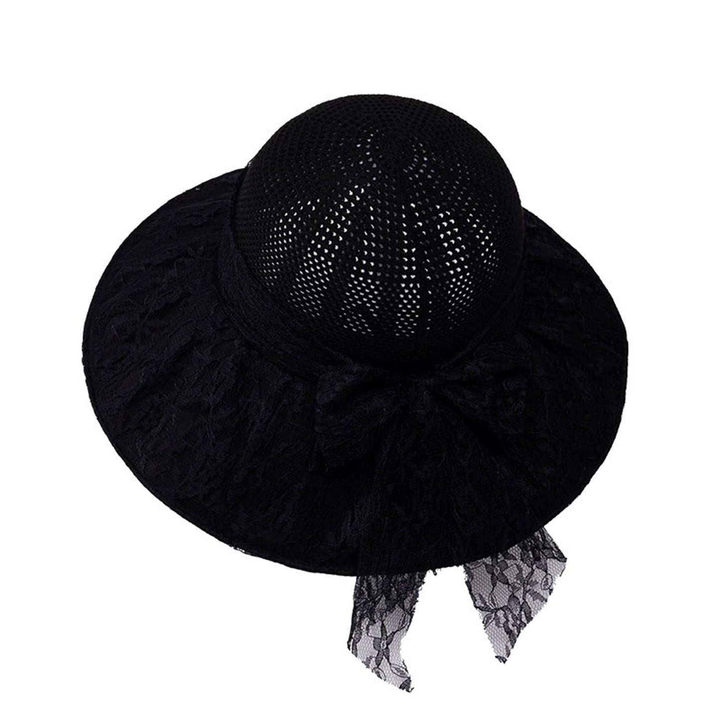 Wide Brim Straw Sun Hat Lace Bow Breathable Summer Beach Vacation Hat