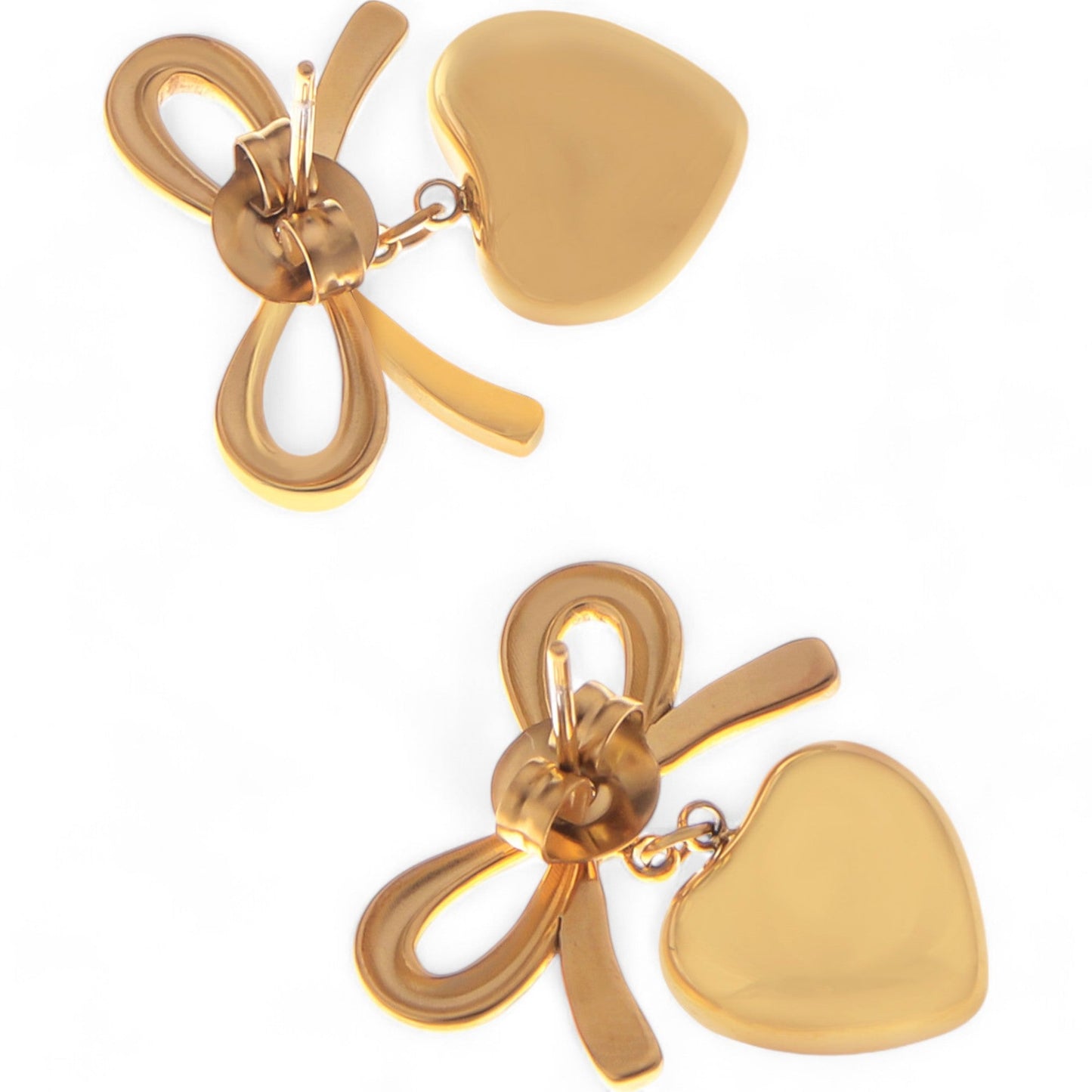 Bow Dangle Heart Drop Earrings Gold Tone Playful Chic Design