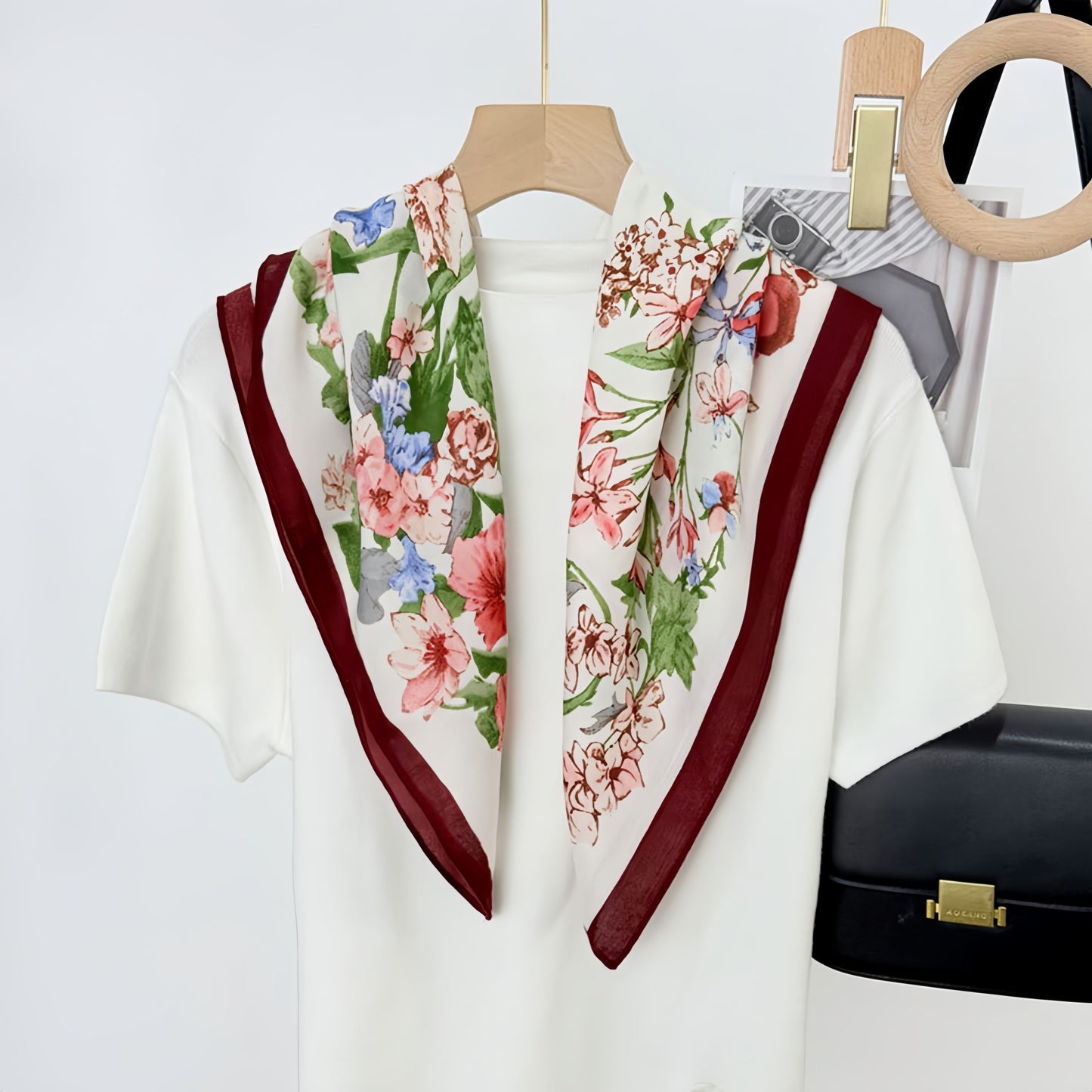 Floral Print Square Scarf with Lightweight Draped Fabric, Soft Smooth Texture, and Elegant Border Detailing 35.5x35.5in