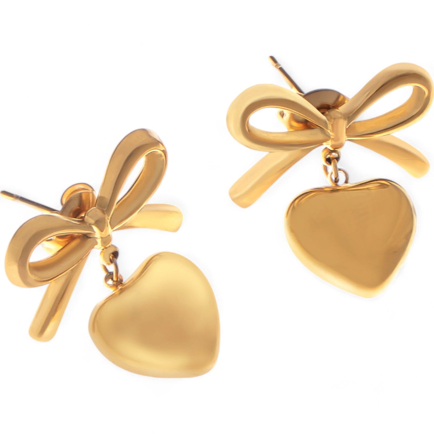 Bow Dangle Heart Drop Earrings Gold Tone Playful Chic Design