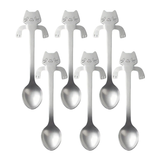 Cat Shaped Spoon Set Polished Metal Decorative Handle Cute Table Spoon 6 Piece Set