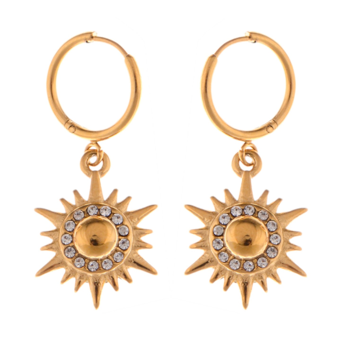 Gold Tone Sunburst Dangle Earrings with Rhinestone Accents
