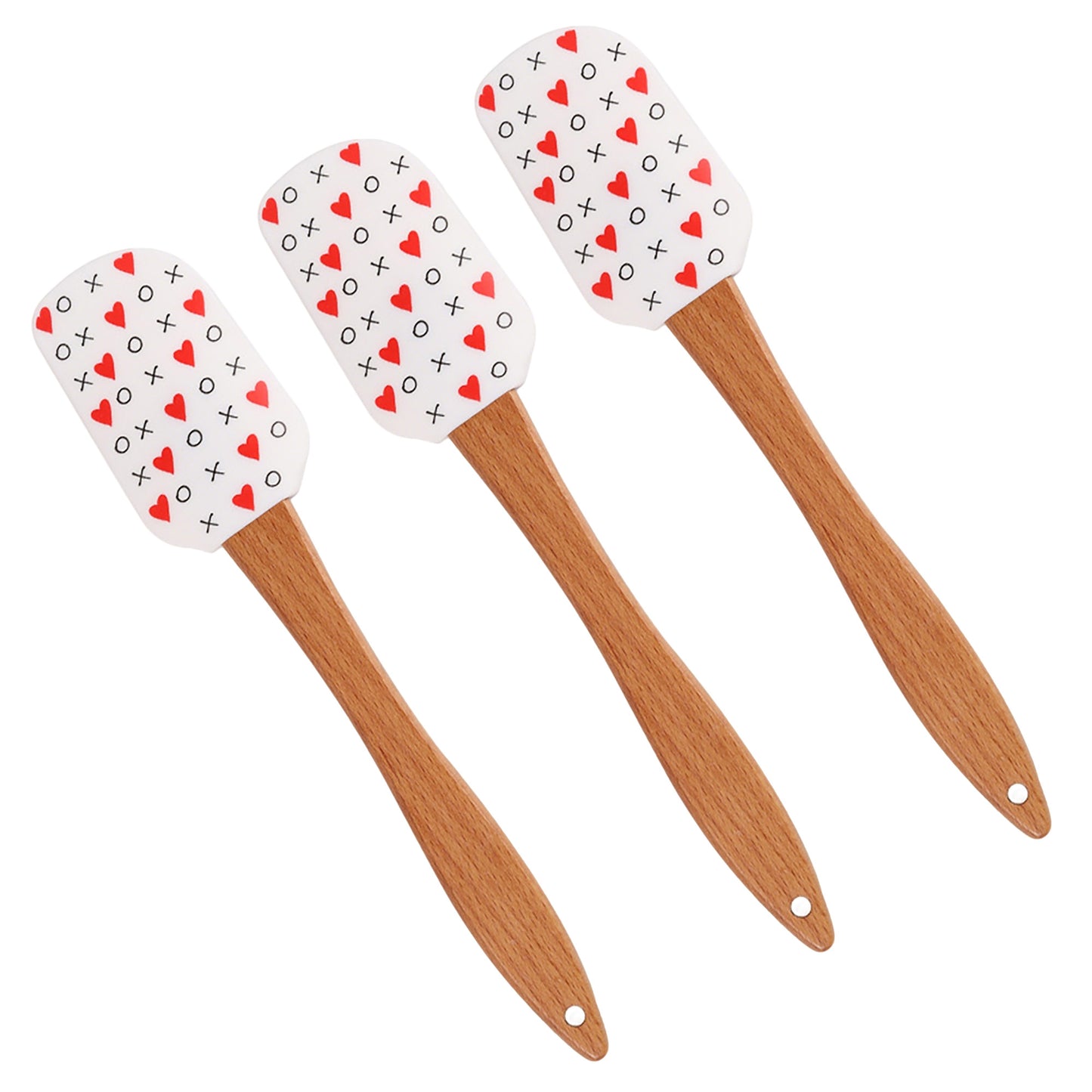 Silicone Spatula Set XO Heart Print Wooden Handle Heat Resistant Baking Mixing Kitchen Tools 3 Piece