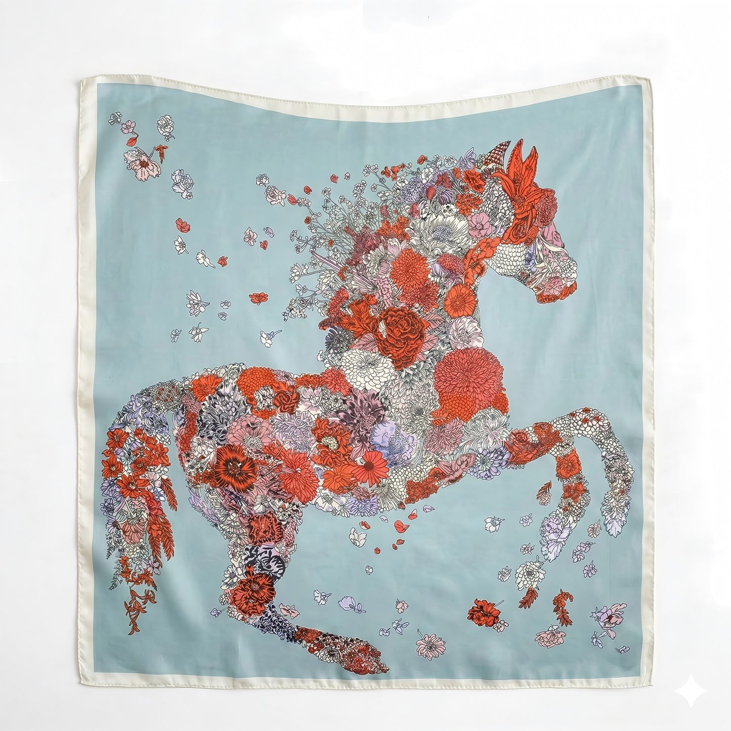 Square Floral Horse Silk Feel Satin Scarf Lightweight Wrap 27.5 Inch