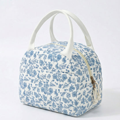 Floral Patchwork Zip Top Lunch Bag Small Travel Tote with Handle Lightweight Organizer