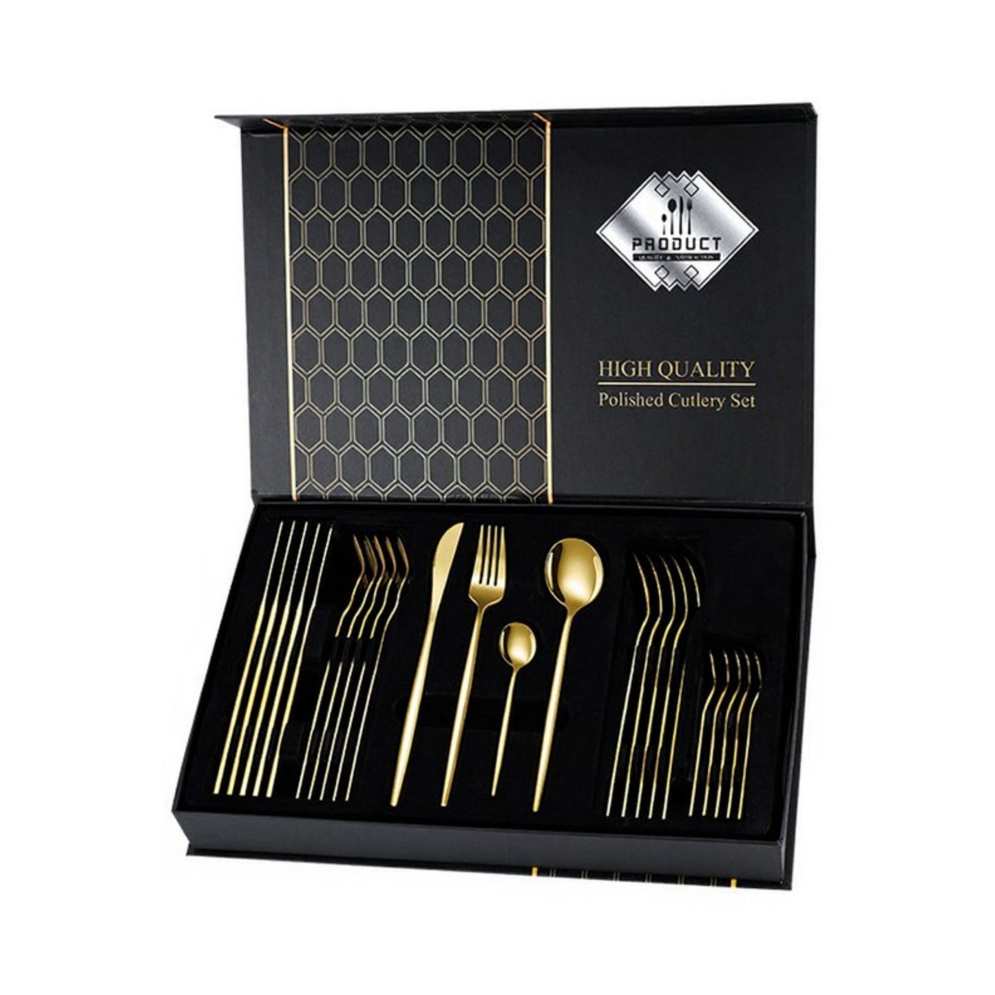 Polished Cutlery Set with Coordinated Flatware Pieces and Decorative Storage Box