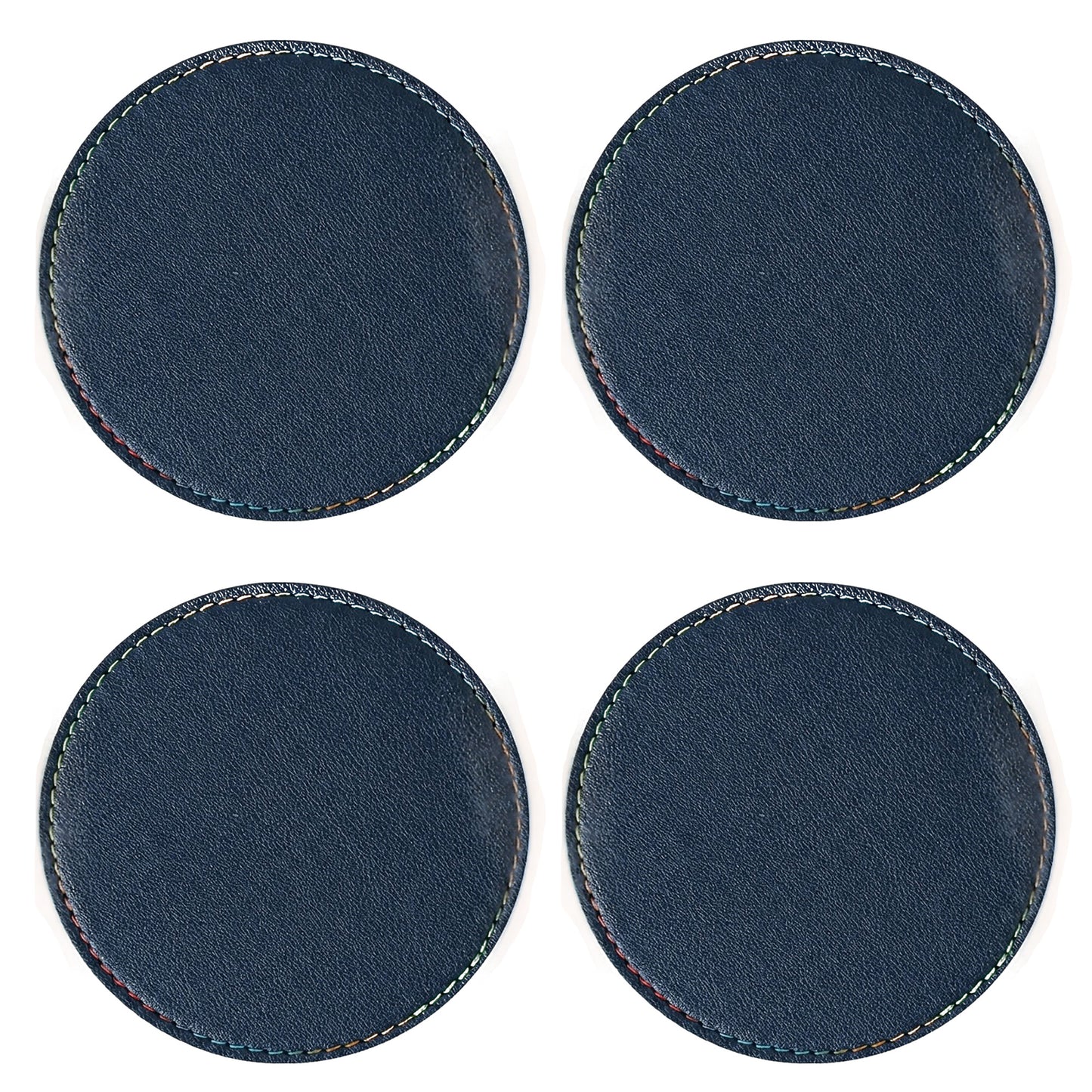4-PC Round Leather Coaster with Stitched Edge Durable Table Protector