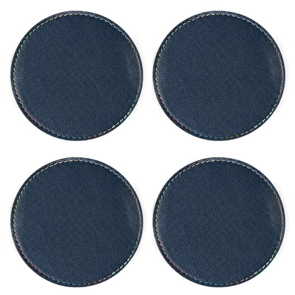 4-PC Round Leather Coaster with Stitched Edge Durable Table Protector