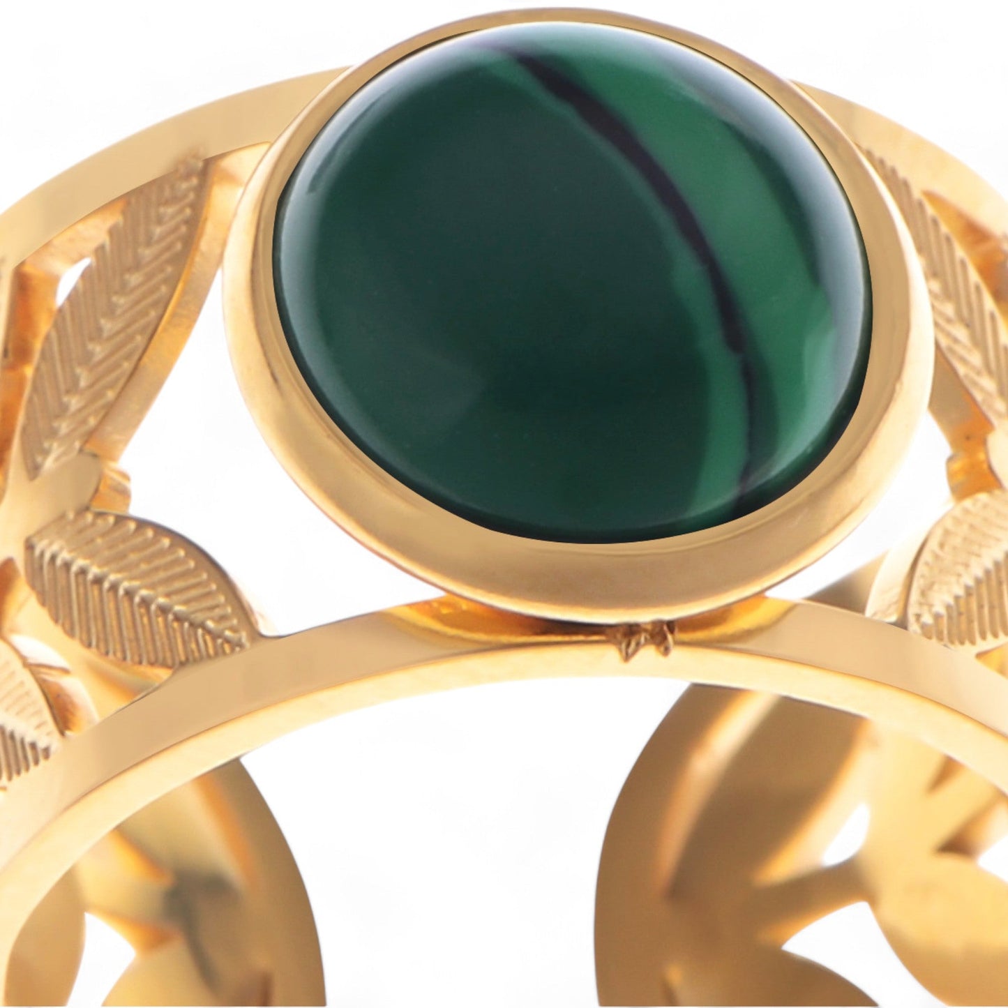 Gold Tone Leaf Cutout Cuff Bracelet with Round Green Stone Statement Design