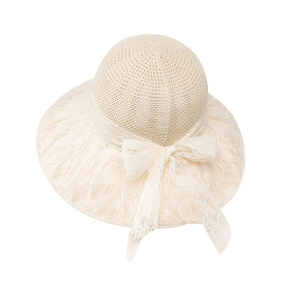 Wide Brim Straw Sun Hat Lace Bow Breathable Summer Beach Vacation Hat