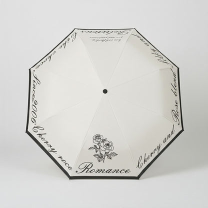 Romance Script Print Umbrella with Rose Graphic and Contrast Trim