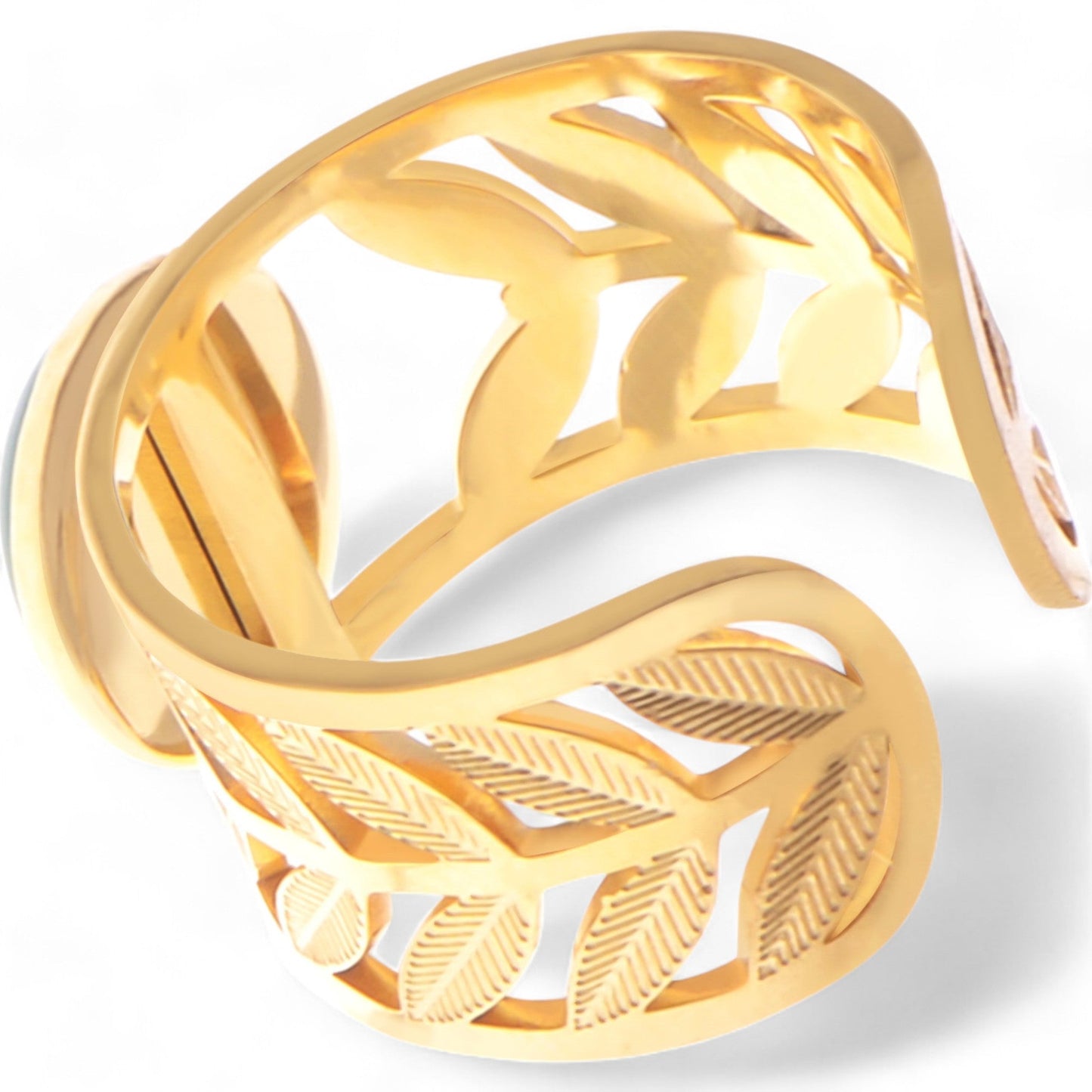 Gold Tone Leaf Cutout Cuff Bracelet with Round Green Stone Statement Design