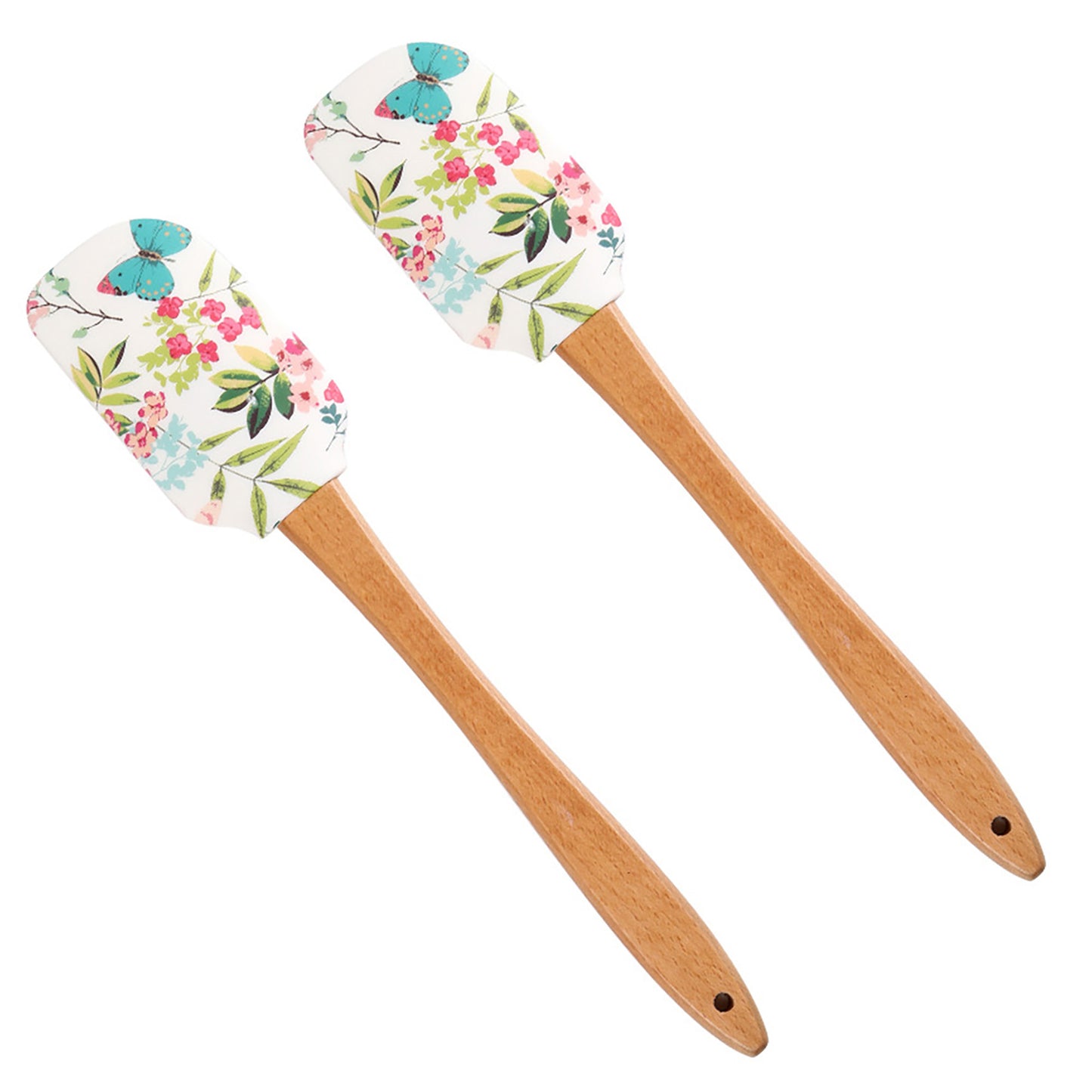 Silicone Spatula Set Butterfly Floral Print Wooden Handle Heat Resistant Baking Mixing Tools 2 Piece