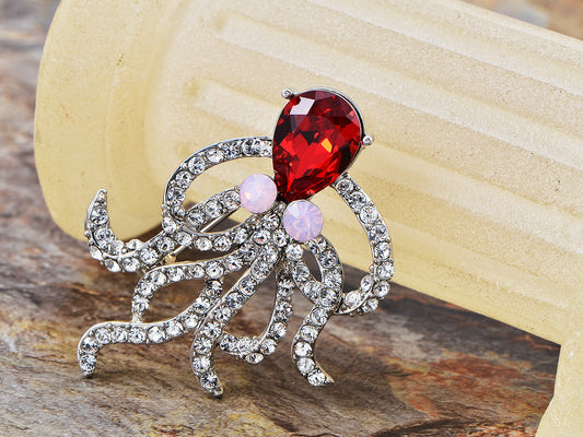 Swarovski Crystal Indian Red Pink Opal Eyes Octopus Bridal Pin Brooch