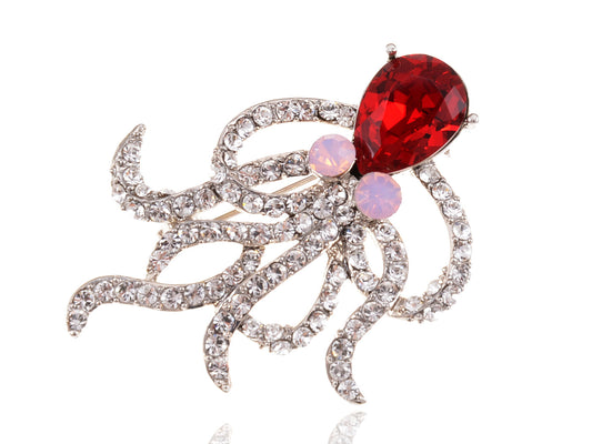 Swarovski Crystal Indian Red Pink Opal Eyes Octopus Bridal Pin Brooch