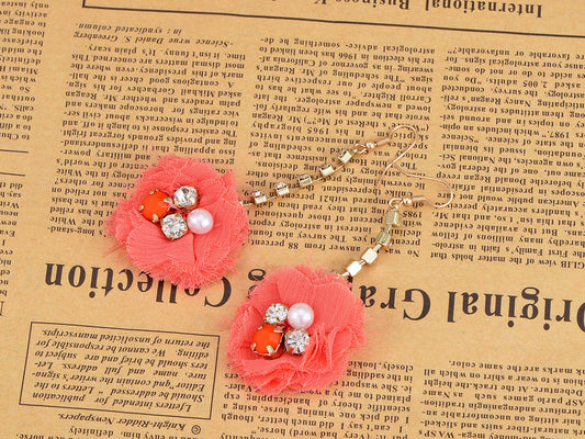 Element Gold Floral Coral Pink Fuzzy Fabric Ball Dangle Earring