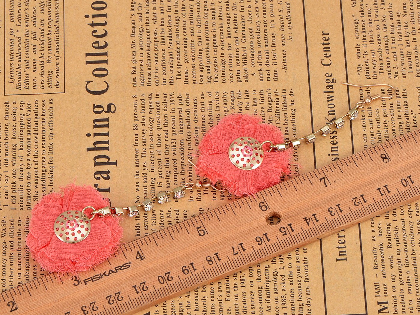 Element Gold Floral Coral Pink Fuzzy Fabric Ball Dangle Earring