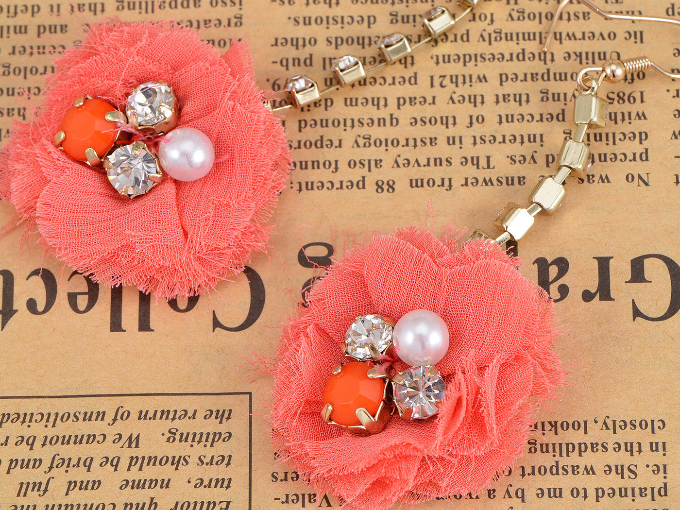 Element Gold Floral Coral Pink Fuzzy Fabric Ball Dangle Earring