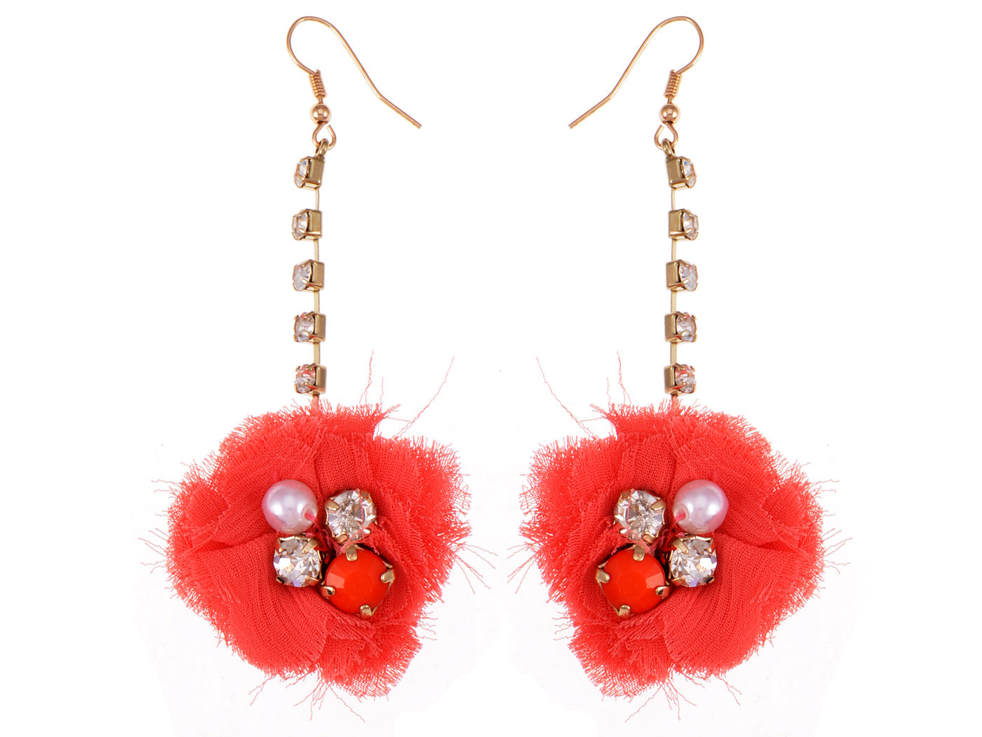 Element Gold Floral Coral Pink Fuzzy Fabric Ball Dangle Earring
